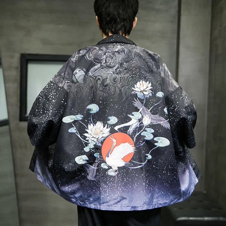 Buddha Stones Kimono da uomo estivo casual con stampa di foglie di loto, farfalle e gru, aperto sul davanti. - image 30