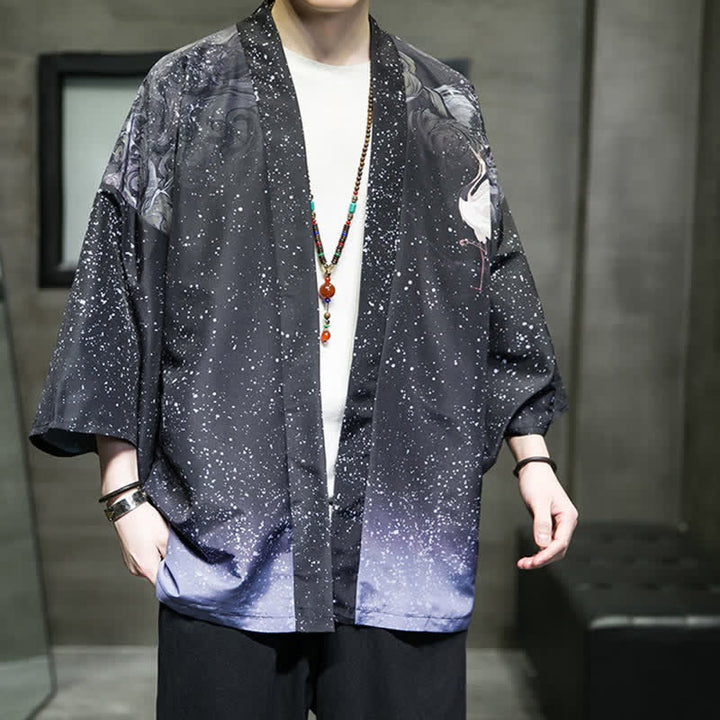 Buddha Stones Kimono da uomo estivo casual con stampa di foglie di loto, farfalle e gru, aperto sul davanti. - image 27