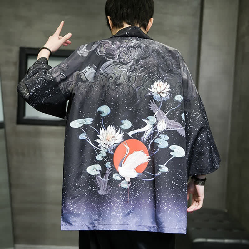 Buddha Stones Kimono da uomo estivo casual con stampa di foglie di loto, farfalle e gru, aperto sul davanti. - image 31