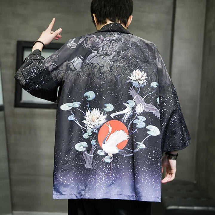 Buddha Stones Kimono da uomo estivo casual con stampa di foglie di loto, farfalle e gru, aperto sul davanti. - image 31