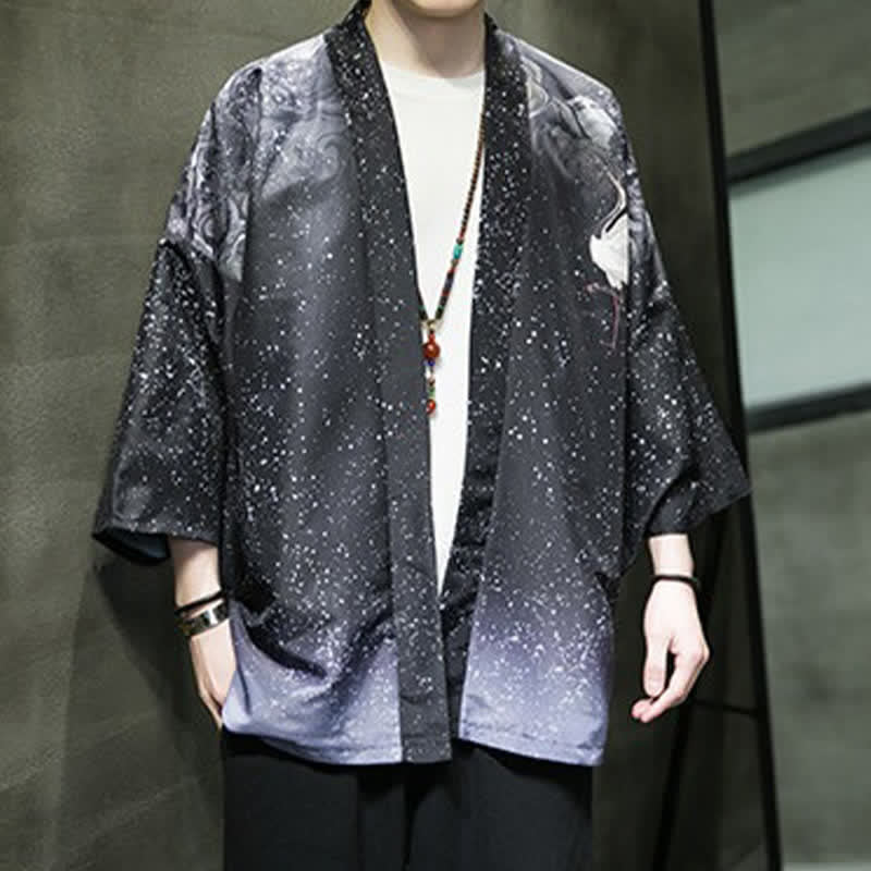 Buddha Stones Kimono da uomo estivo casual con stampa di foglie di loto, farfalle e gru, aperto sul davanti. - image 28