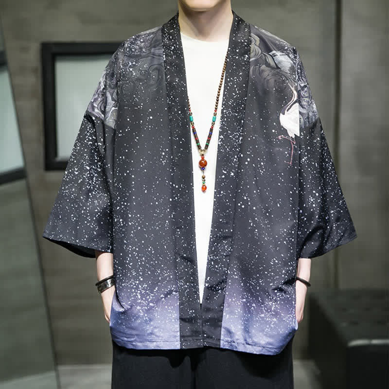 Buddha Stones Kimono da uomo estivo casual con stampa di foglie di loto, farfalle e gru, aperto sul davanti. - Blu ardesia scuro - US/UK/AU48, EU58 (5XL) - image 24