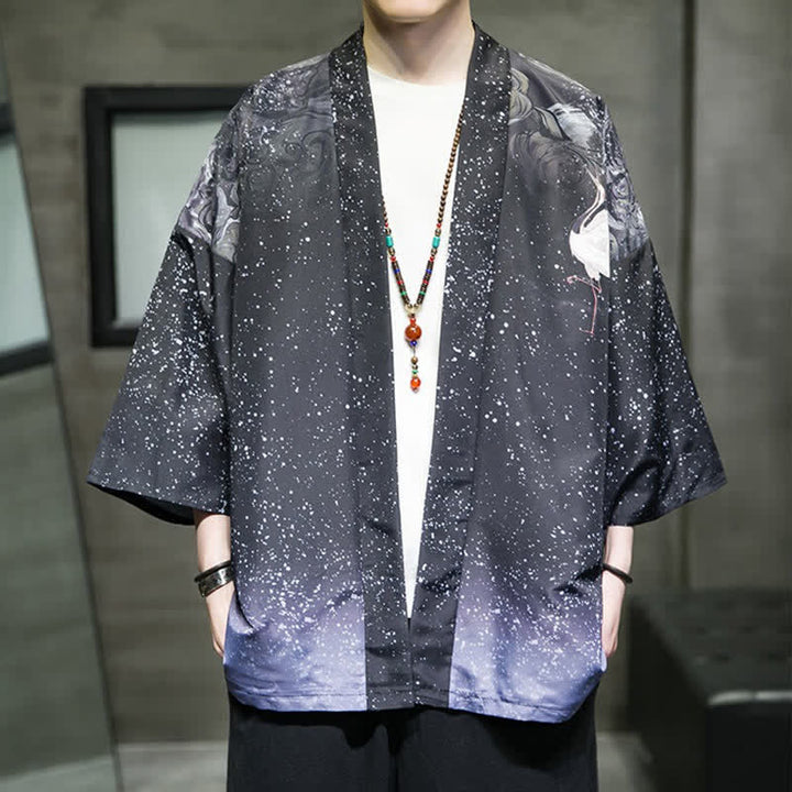 Buddha Stones Kimono da uomo estivo casual con stampa di foglie di loto, farfalle e gru, aperto sul davanti. - Blu ardesia scuro - US/UK/AU48, EU58 (5XL) - image 24