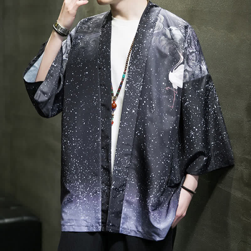 Buddha Stones Kimono da uomo estivo casual con stampa di foglie di loto, farfalle e gru, aperto sul davanti. - image 25