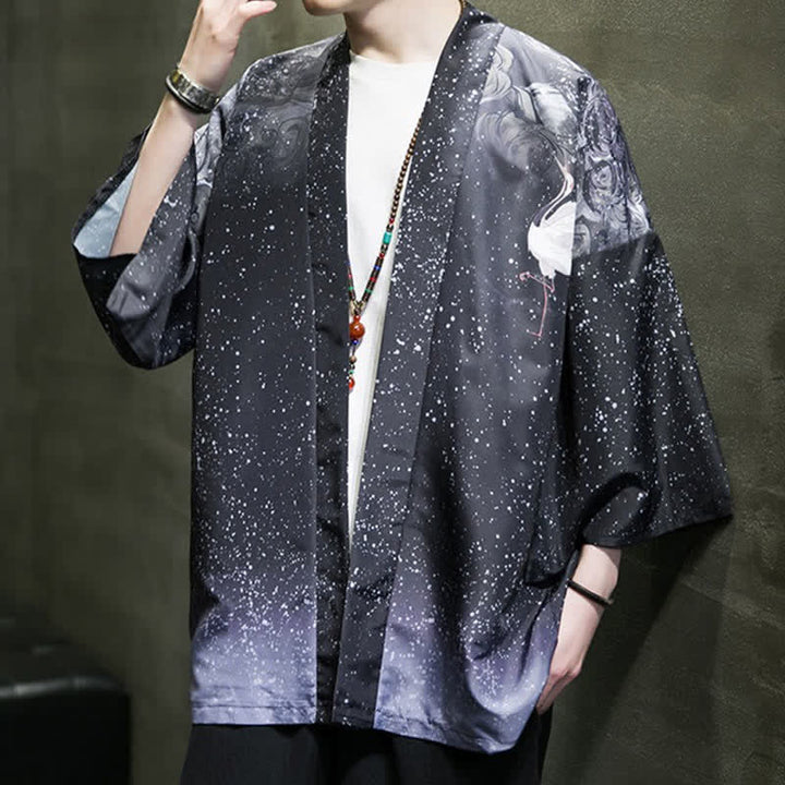 Buddha Stones Kimono da uomo estivo casual con stampa di foglie di loto, farfalle e gru, aperto sul davanti. - image 25