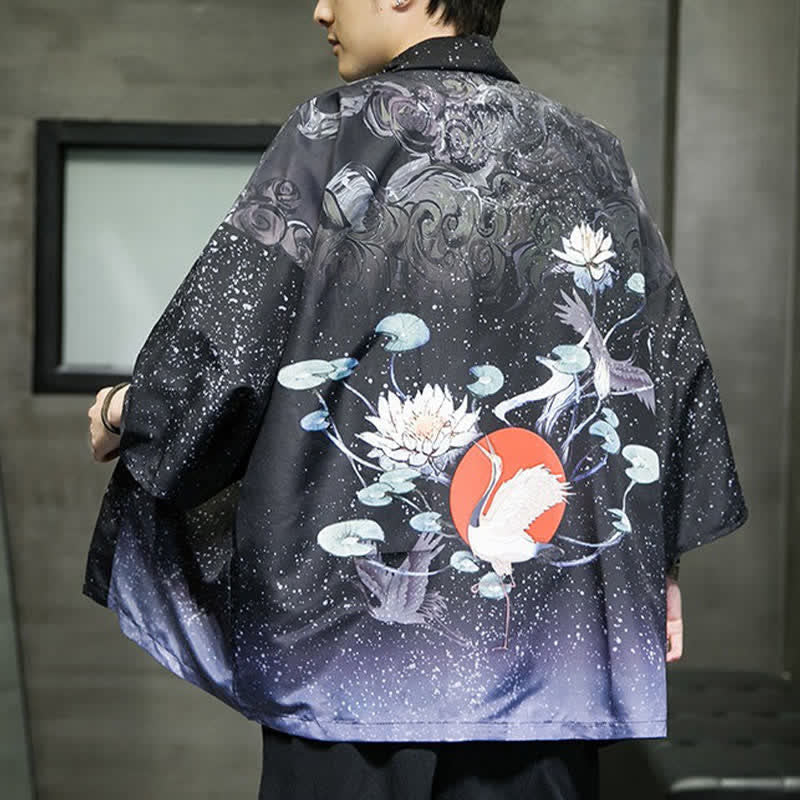 Buddha Stones Kimono da uomo estivo casual con stampa di foglie di loto, farfalle e gru, aperto sul davanti. - image 26