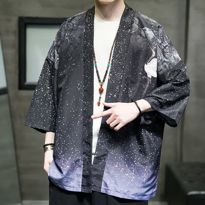 Buddha Stones Kimono da uomo estivo casual con stampa di foglie di loto, farfalle e gru, aperto sul davanti. - image 29