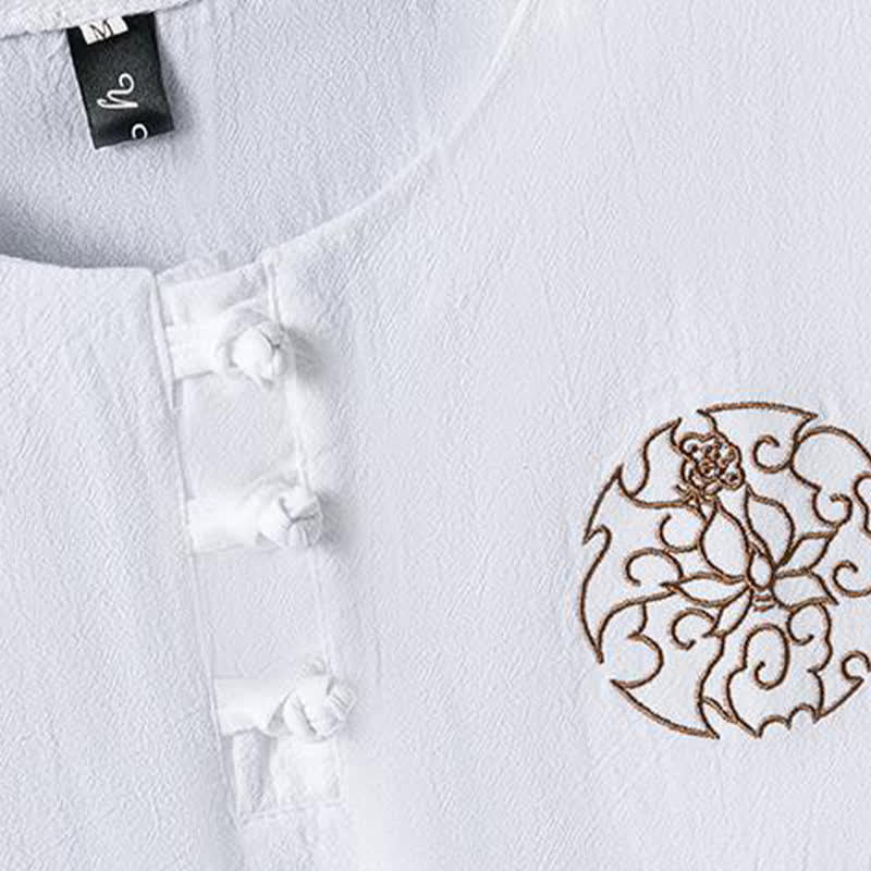Buddha Stones Camicia da uomo a maniche corte estiva casual con bottoni a forma di rana e ricami floreali. - image 4