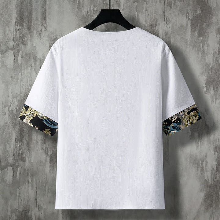 Buddha Stones Camicia da uomo a maniche corte estiva casual con bottoni a forma di rana e ricami floreali. - image 1