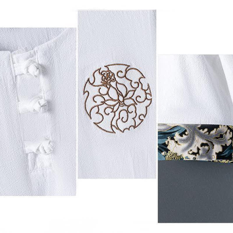 Buddha Stones Camicia da uomo a maniche corte estiva casual con bottoni a forma di rana e ricami floreali. - image 6