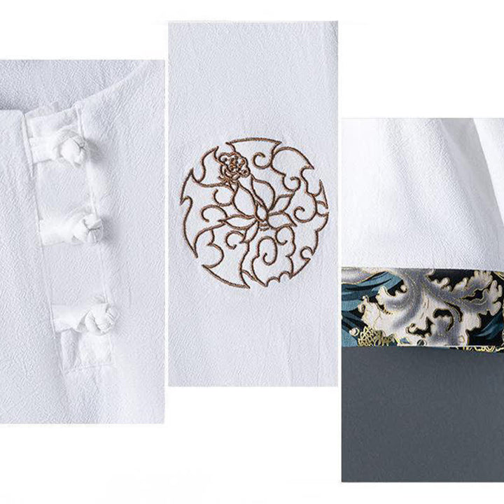 Buddha Stones Camicia da uomo a maniche corte estiva casual con bottoni a forma di rana e ricami floreali. - image 6