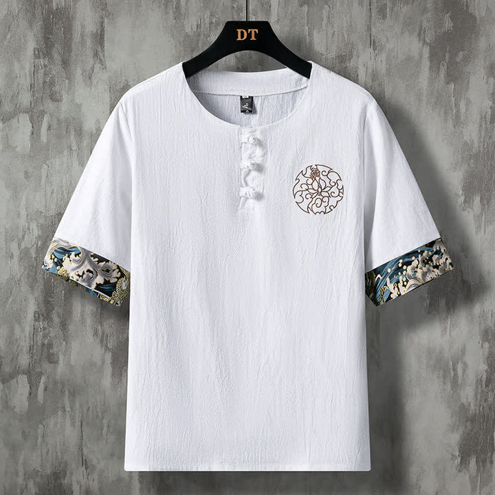 Buddha Stones Camicia da uomo a maniche corte estiva casual con bottoni a forma di rana e ricami floreali. - Bianco - US/UK/AU48, EU58 (5XL) - image 0