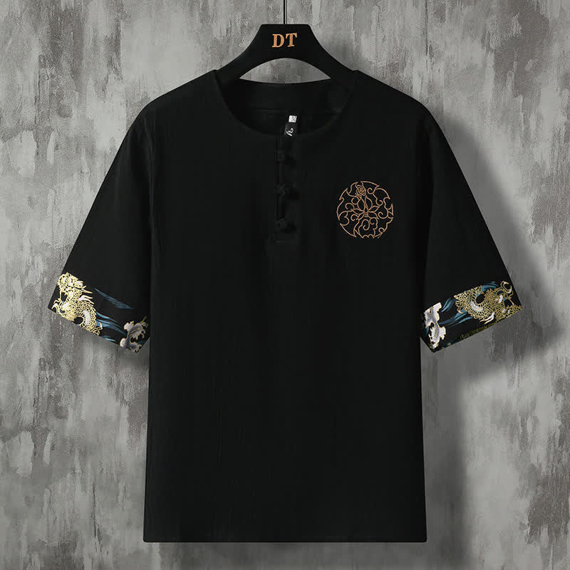 Buddha Stones Camicia da uomo a maniche corte estiva casual con bottoni a forma di rana e ricami floreali. - Nero - US/UK/AU48, EU58 (5XL) - image 11