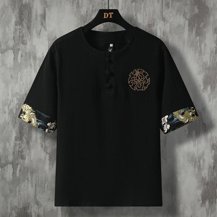 Buddha Stones Camicia da uomo a maniche corte estiva casual con bottoni a forma di rana e ricami floreali. - Nero - US/UK/AU48, EU58 (5XL) - image 11