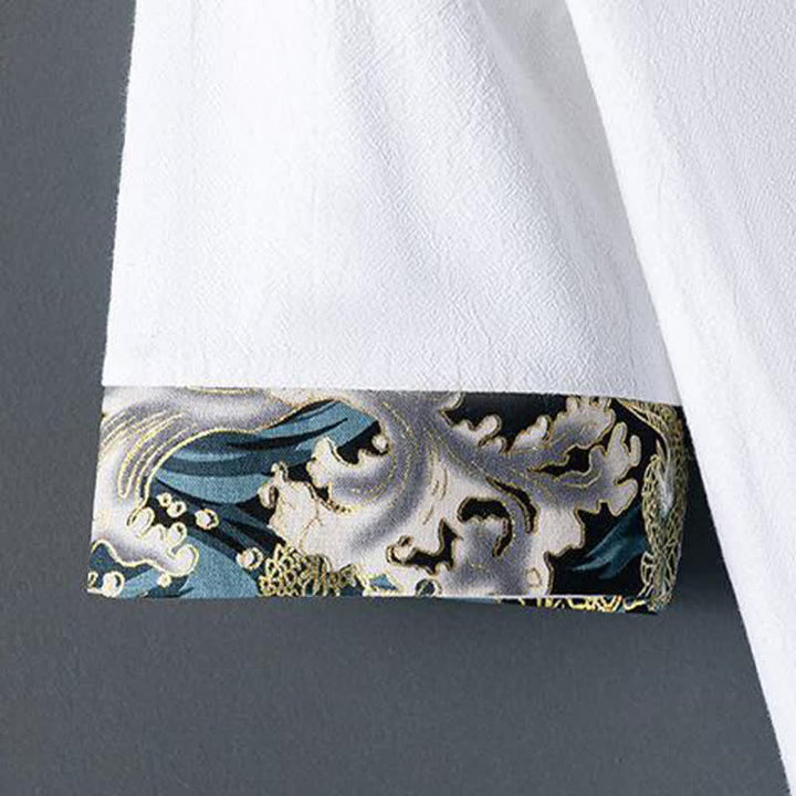Buddha Stones Camicia da uomo a maniche corte estiva casual con bottoni a forma di rana e ricami floreali. - image 7