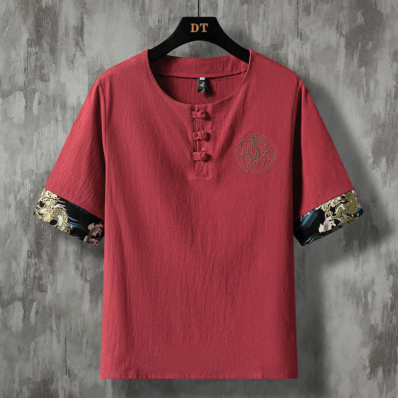 Buddha Stones Camicia da uomo a maniche corte estiva casual con bottoni a forma di rana e ricami floreali. - Marrone - US/UK/AU48, EU58 (5XL) - image 12