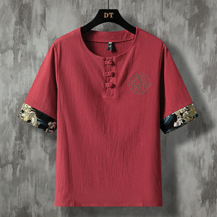 Buddha Stones Camicia da uomo a maniche corte estiva casual con bottoni a forma di rana e ricami floreali. - Marrone - US/UK/AU48, EU58 (5XL) - image 12