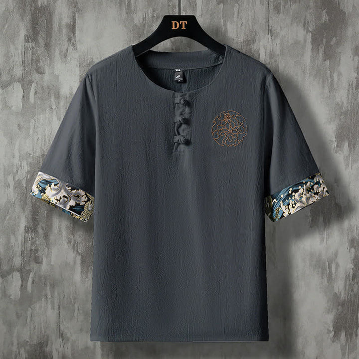 Buddha Stones Camicia da uomo a maniche corte estiva casual con bottoni a forma di rana e ricami floreali. - Grigio tenue - US/UK/AU48, EU58 (5XL) - image 10