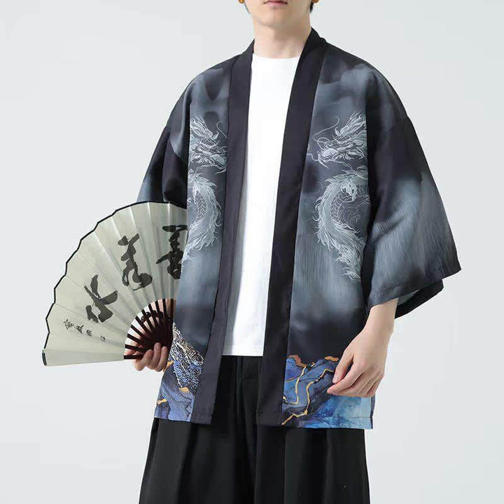 Buddha Stones Kimono da uomo estivo casual con apertura frontale e motivo "Montagne del Drago". - image 2