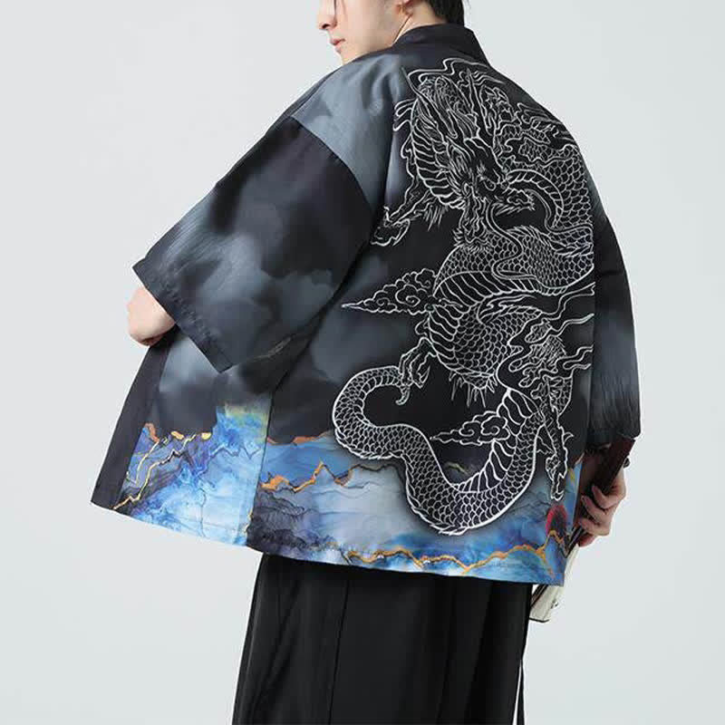 Buddha Stones Kimono da uomo estivo casual con apertura frontale e motivo "Montagne del Drago". - image 3