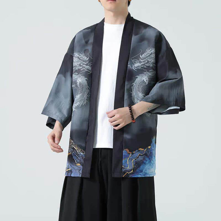 Buddha Stones Kimono da uomo estivo casual con apertura frontale e motivo "Montagne del Drago". - Nero - US/UK/AU48, EU58 (5XL) - image 0