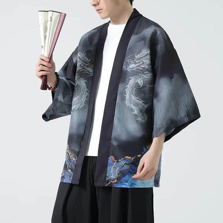 Buddha Stones Kimono da uomo estivo casual con apertura frontale e motivo "Montagne del Drago". - image 1