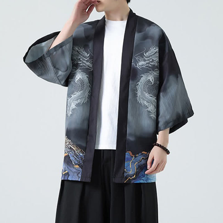 Buddha Stones Kimono da uomo estivo casual con apertura frontale e motivo "Montagne del Drago". - image 4