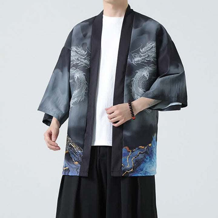 Buddha Stones Kimono da uomo estivo casual con apertura frontale e motivo "Montagne del Drago". - image 5