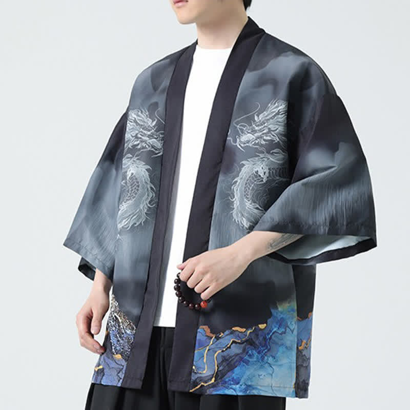 Buddha Stones Kimono da uomo estivo casual con apertura frontale e motivo "Montagne del Drago". - image 6