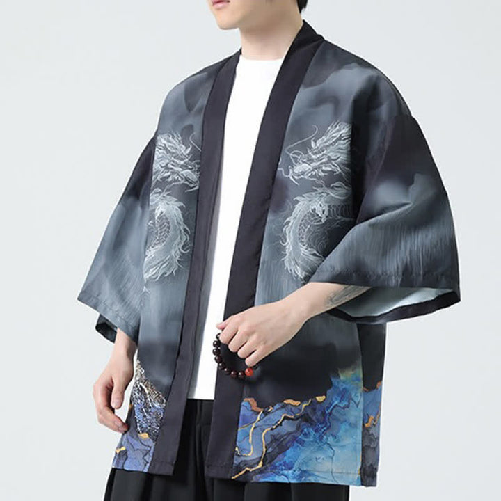 Buddha Stones Kimono da uomo estivo casual con apertura frontale e motivo "Montagne del Drago". - image 6