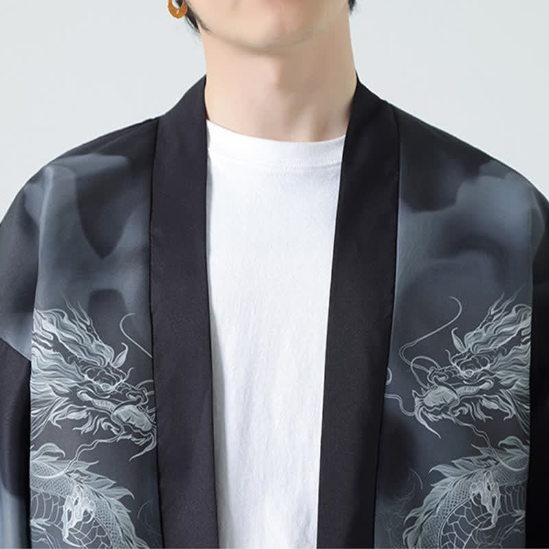 Buddha Stones Kimono da uomo estivo casual con apertura frontale e motivo "Montagne del Drago". - image 10