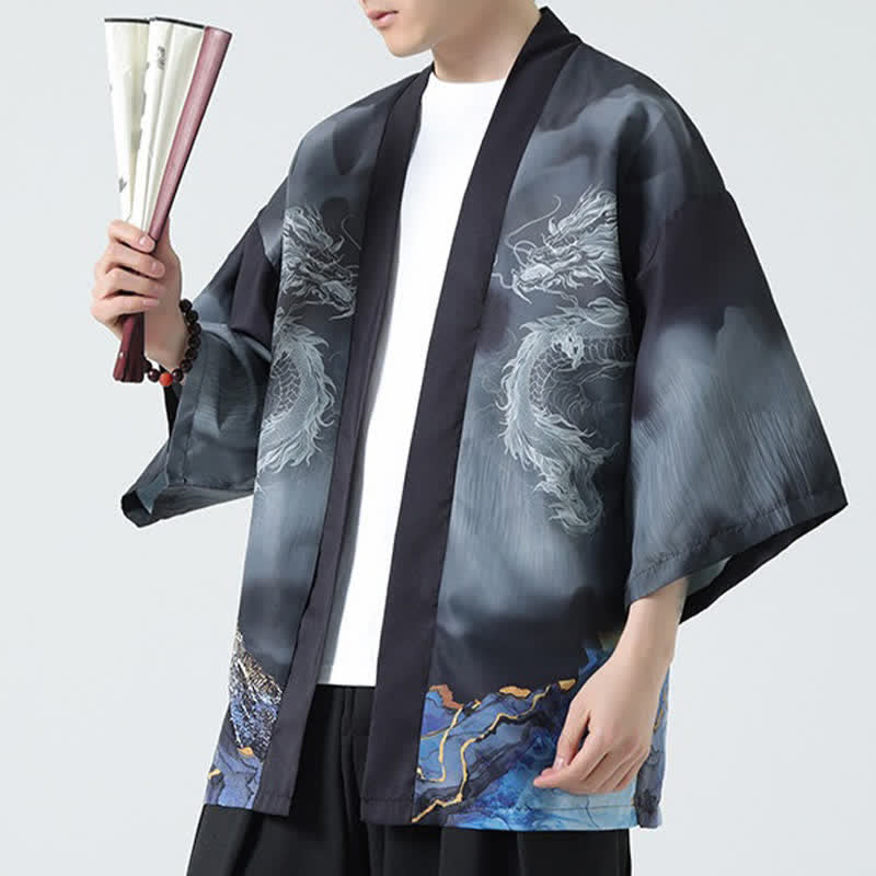 Buddha Stones Kimono da uomo estivo casual con apertura frontale e motivo "Montagne del Drago". - image 7
