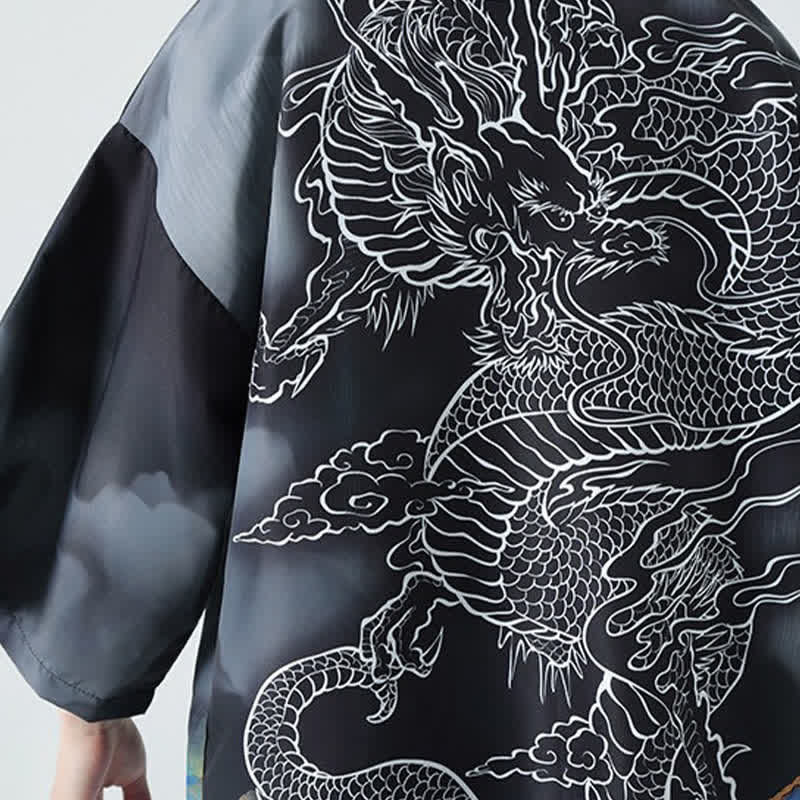 Buddha Stones Kimono da uomo estivo casual con apertura frontale e motivo "Montagne del Drago". - image 12