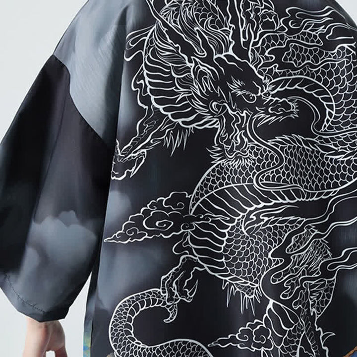 Buddha Stones Kimono da uomo estivo casual con apertura frontale e motivo "Montagne del Drago". - image 12