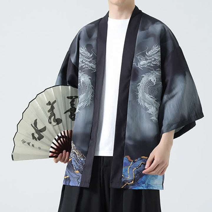 Buddha Stones Kimono da uomo estivo casual con apertura frontale e motivo "Montagne del Drago". - image 8