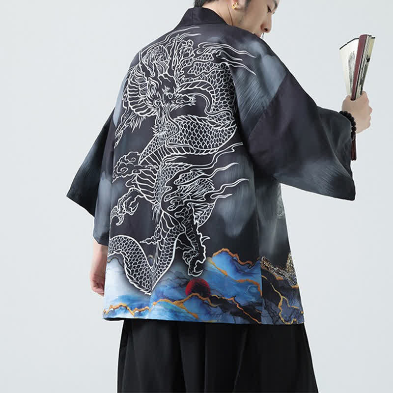Buddha Stones Kimono da uomo estivo casual con apertura frontale e motivo "Montagne del Drago". - image 9