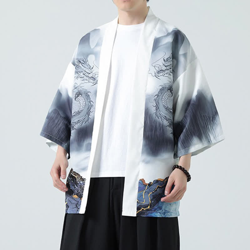 Buddha Stones Kimono da uomo estivo casual con apertura frontale e motivo "Montagne del Drago". - WhiteSmoke - US/UK/AU48, EU58 (5XL) - image 13