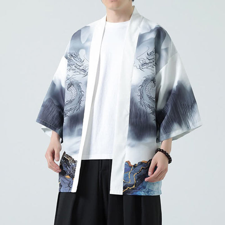 Buddha Stones Kimono da uomo estivo casual con apertura frontale e motivo "Montagne del Drago". - WhiteSmoke - US/UK/AU48, EU58 (5XL) - image 13