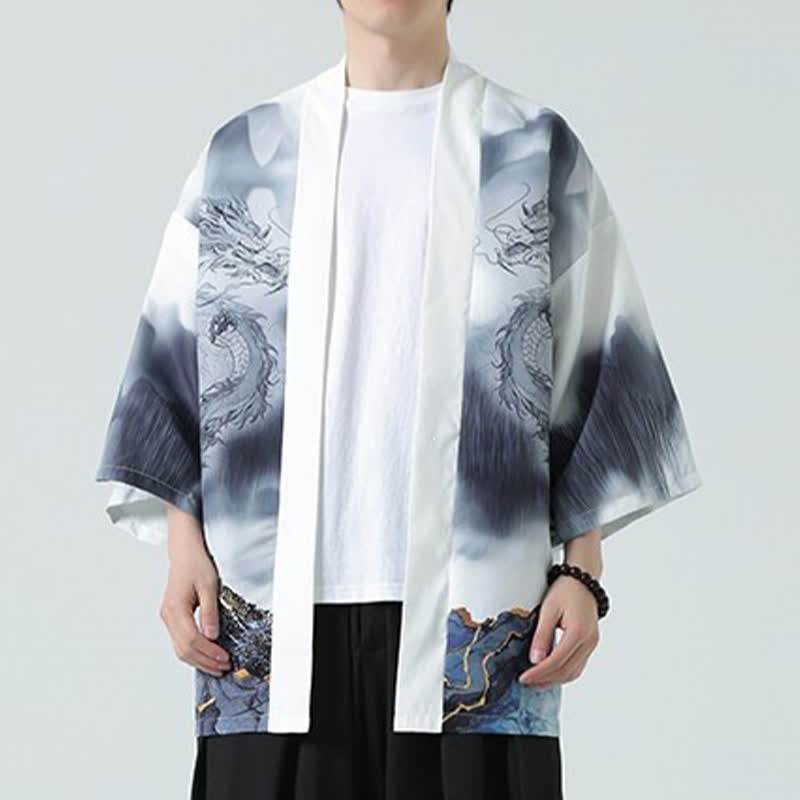 Buddha Stones Kimono da uomo estivo casual con apertura frontale e motivo "Montagne del Drago". - image 15
