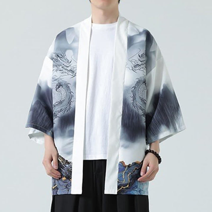 Buddha Stones Kimono da uomo estivo casual con apertura frontale e motivo "Montagne del Drago". - image 15