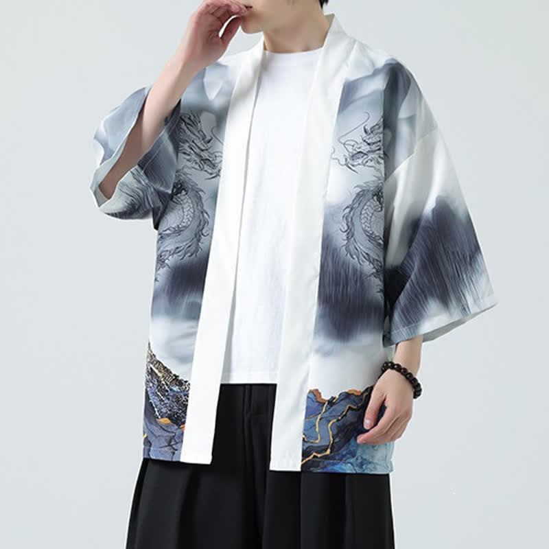 Buddha Stones Kimono da uomo estivo casual con apertura frontale e motivo "Montagne del Drago". - image 14