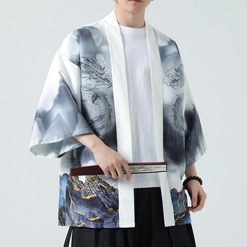 Buddha Stones Kimono da uomo estivo casual con apertura frontale e motivo "Montagne del Drago". - image 18