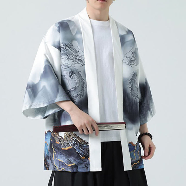Buddha Stones Kimono da uomo estivo casual con apertura frontale e motivo "Montagne del Drago". - image 18