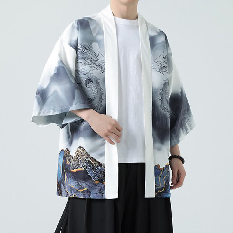 Buddha Stones Kimono da uomo estivo casual con apertura frontale e motivo "Montagne del Drago". - image 19