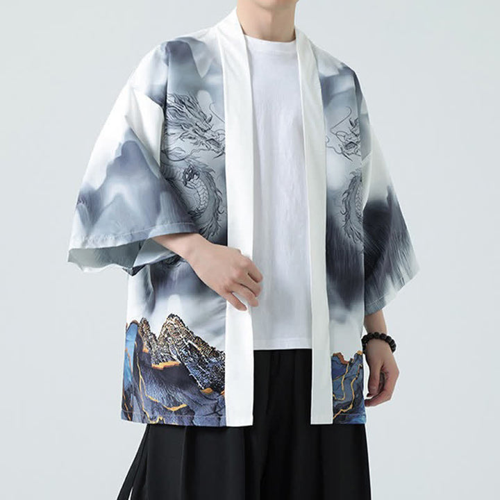 Buddha Stones Kimono da uomo estivo casual con apertura frontale e motivo "Montagne del Drago". - image 19