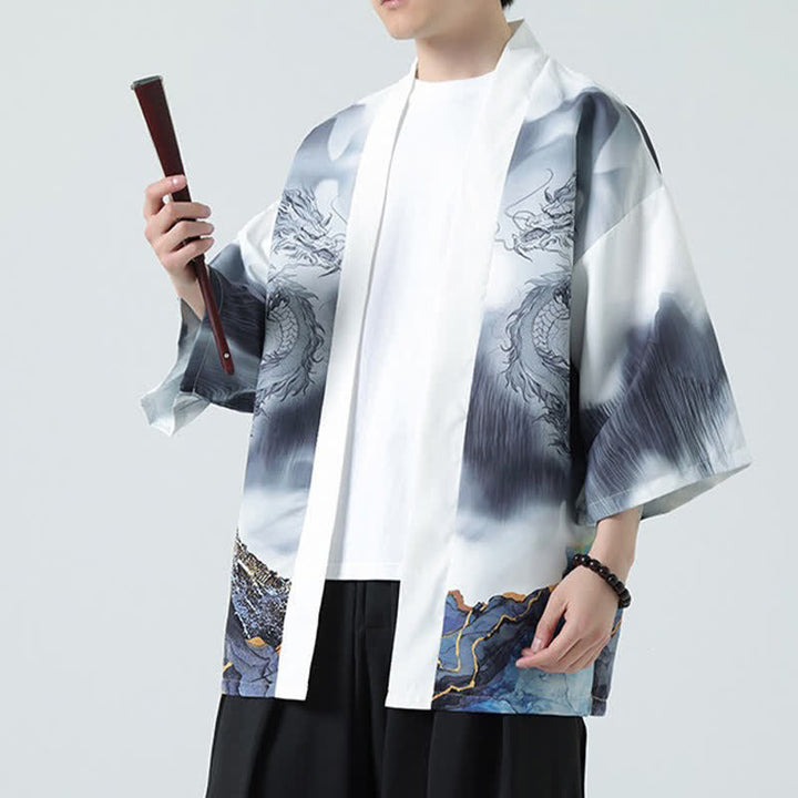 Buddha Stones Kimono da uomo estivo casual con apertura frontale e motivo "Montagne del Drago". - image 16