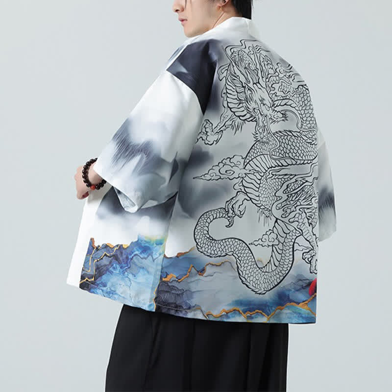 Buddha Stones Kimono da uomo estivo casual con apertura frontale e motivo "Montagne del Drago". - image 17