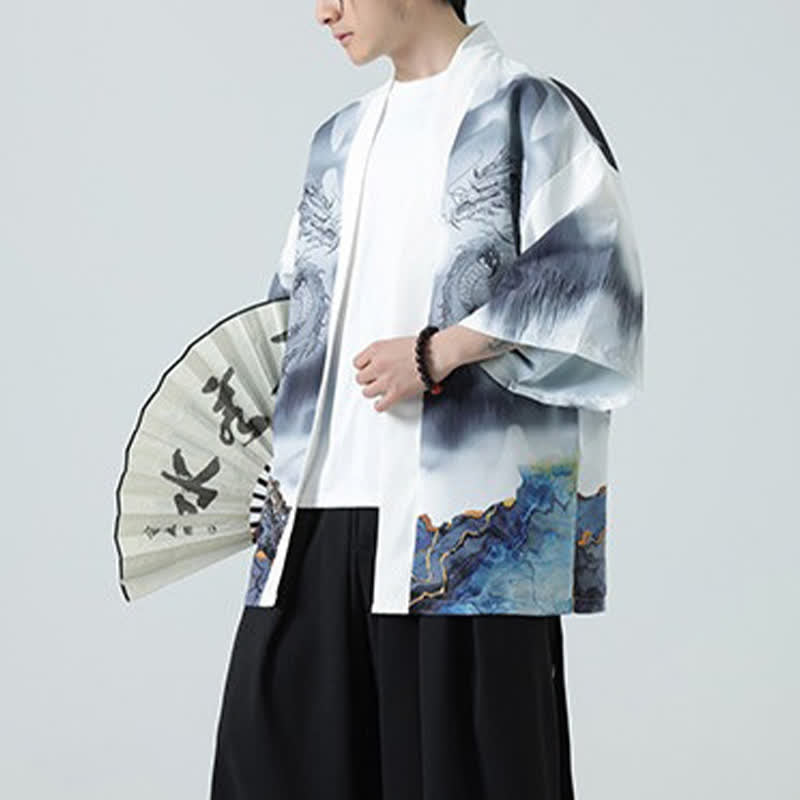 Buddha Stones Kimono da uomo estivo casual con apertura frontale e motivo "Montagne del Drago". - image 21