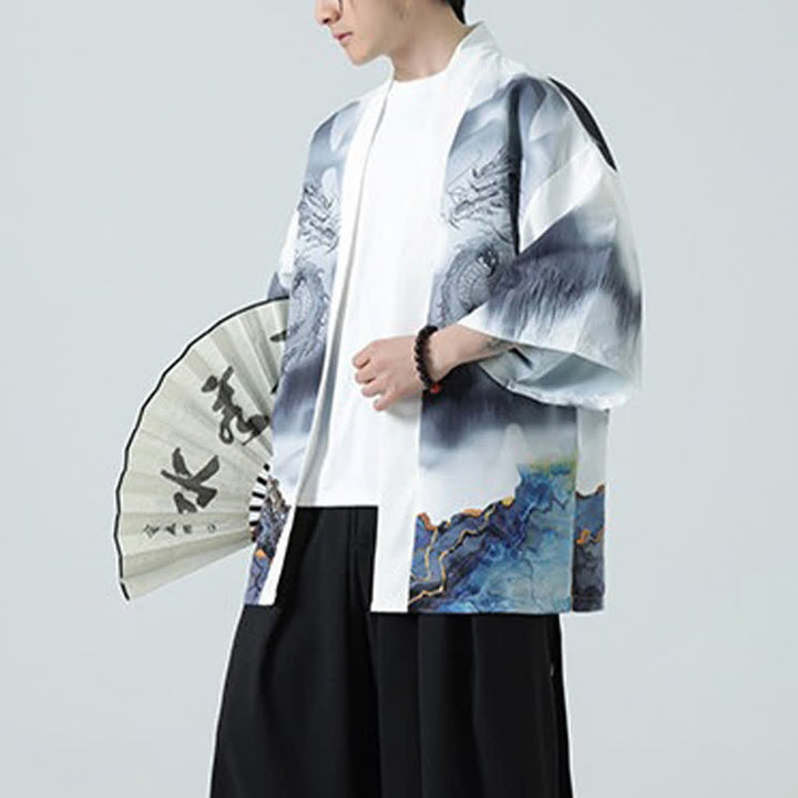 Buddha Stones Kimono da uomo estivo casual con apertura frontale e motivo "Montagne del Drago". - image 21