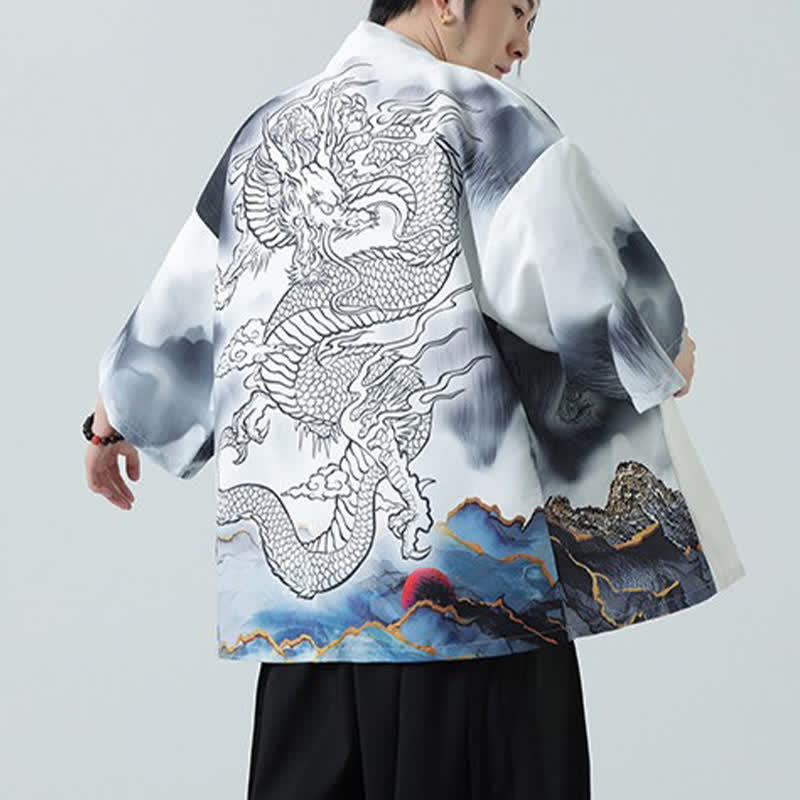 Buddha Stones Kimono da uomo estivo casual con apertura frontale e motivo "Montagne del Drago". - image 20